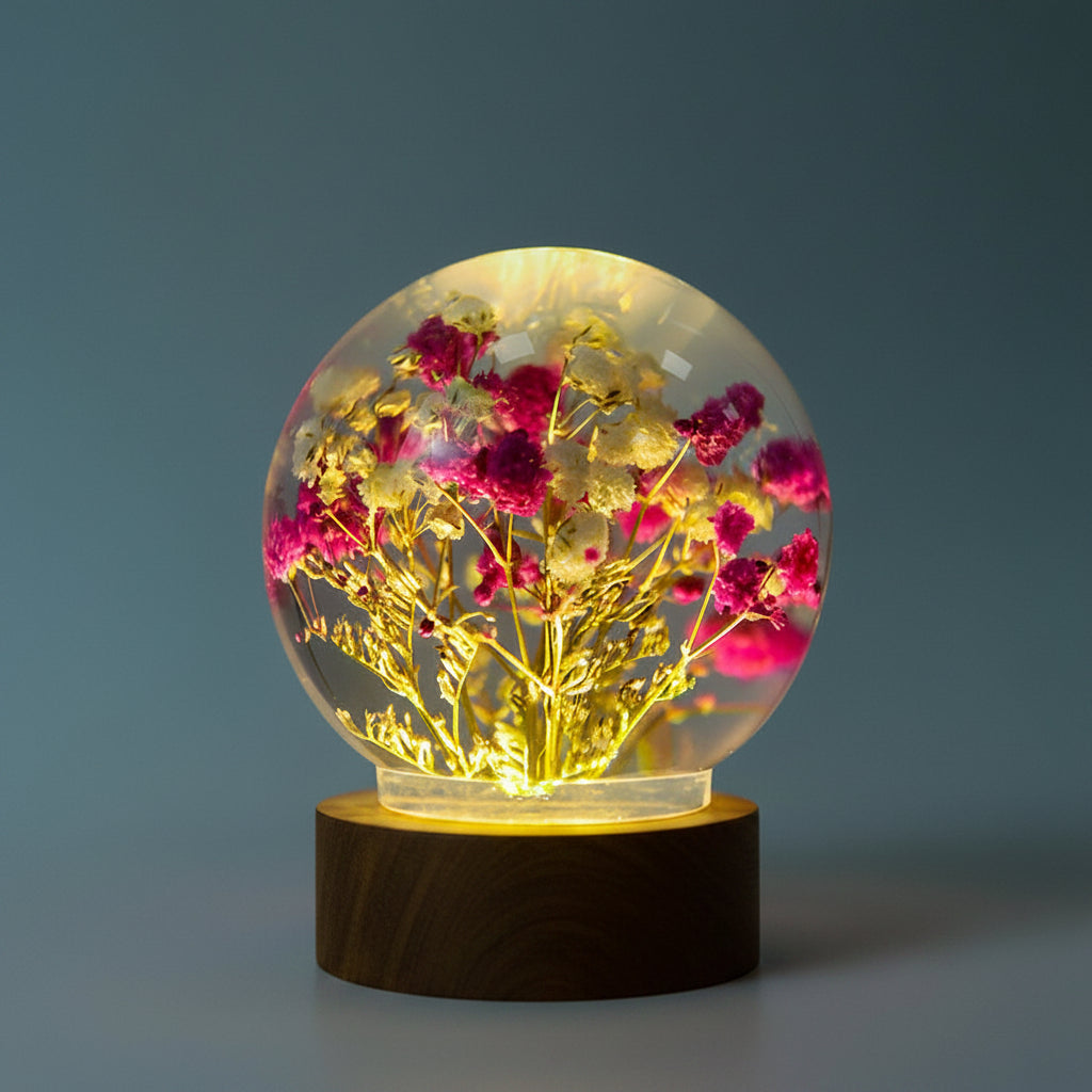 Veilleuse roses séchées en résine transparente, fabrication artisanale faite main, vue générale — Les Roses De Lola

