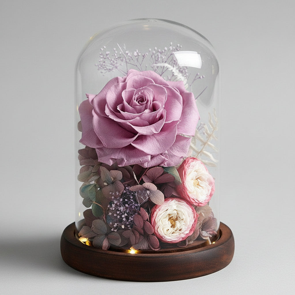 Rose éternelle Gargantua sous cloche en verre – coloris Violet | Les Roses De Lola
