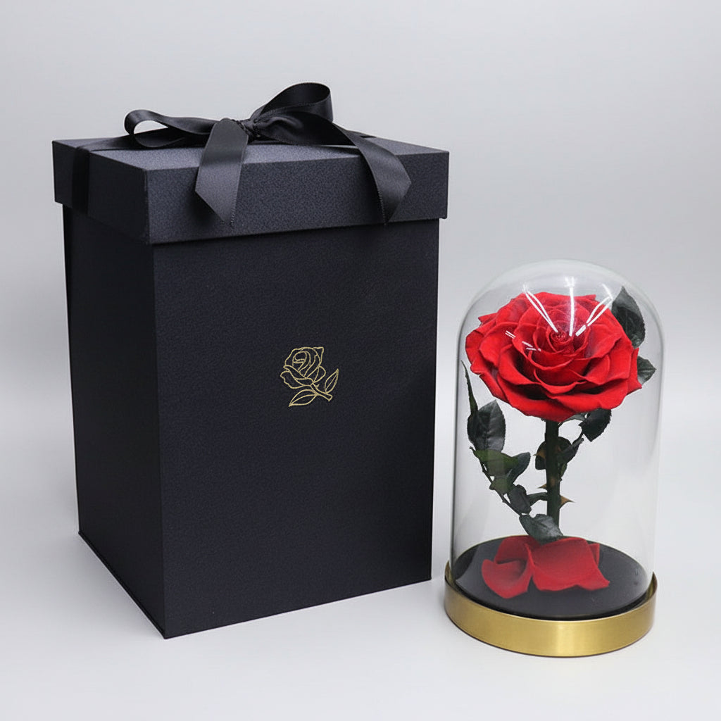 Rose éternelle grand format sous cloche en verre socle métal – coloris Rouge | Les Roses De Lola