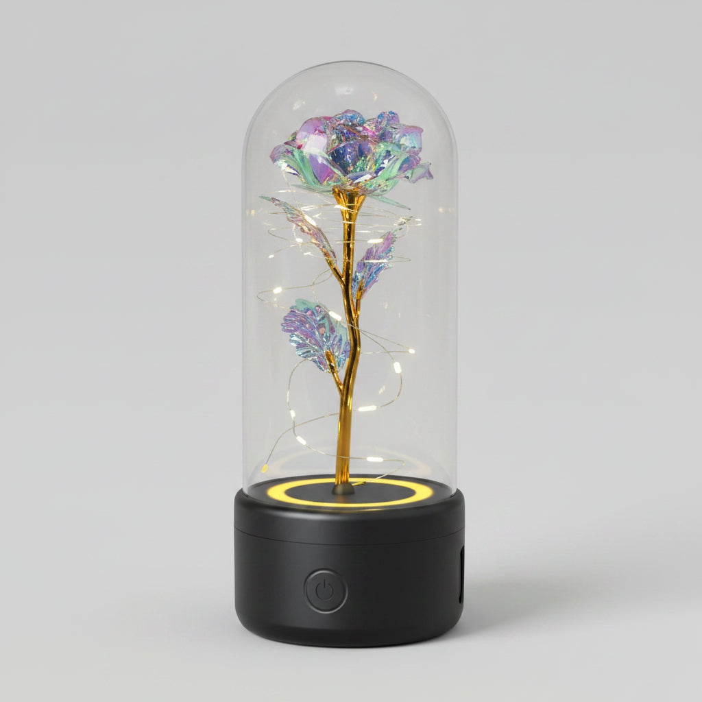 Rose éternelle LED Bluetooth – socle noir fleur multicolore – Les Roses De Lola
