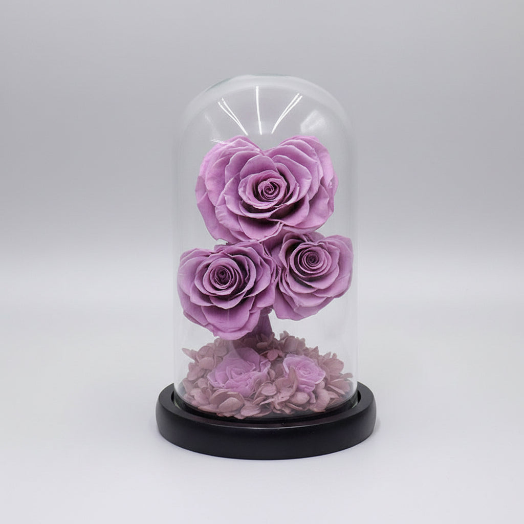roses éternelles violettes sur tige sous dôme avec pétales hortensias – Les Roses De Lola