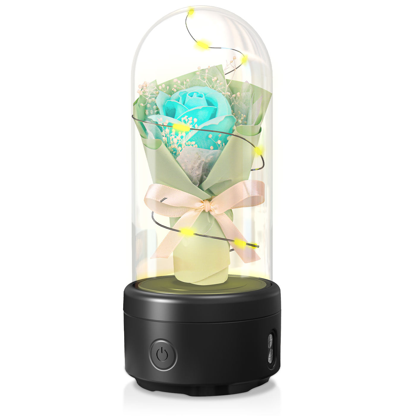 Bouquet lumineux sous dôme en verre enceinte Bluetooth LED – Vert socle Noir | Les Roses De Lola