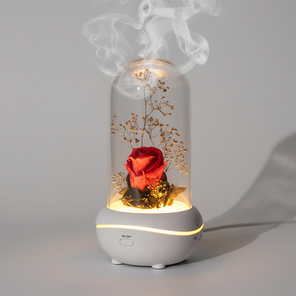 Lampe fleur éternelle humidificateur d'ambiance – coloris Rouge en fonctionnement | Les Roses De Lola-