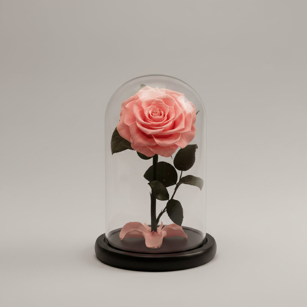 rose éternelle rose sous cloche en verre style Le Petit Prince.