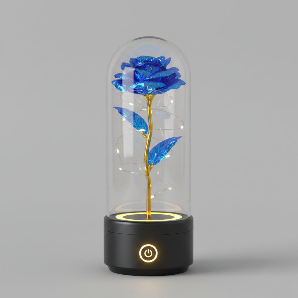 Rose éternelle LED Bluetooth – socle noir fleur bleue – Les Roses De Lola