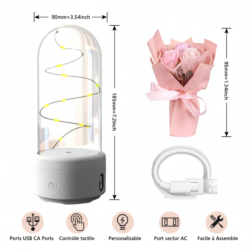 	Bouquet lumineux sous dôme en verre enceinte Bluetooth LED – Rose socle Blanc | Les Roses De Lola-details et dimentions