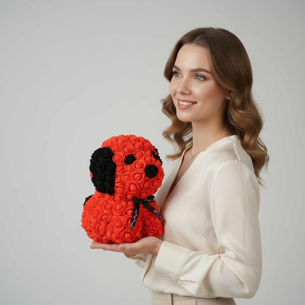 Rose préservée chien rouge – cadeau floral original sans entretien-réel