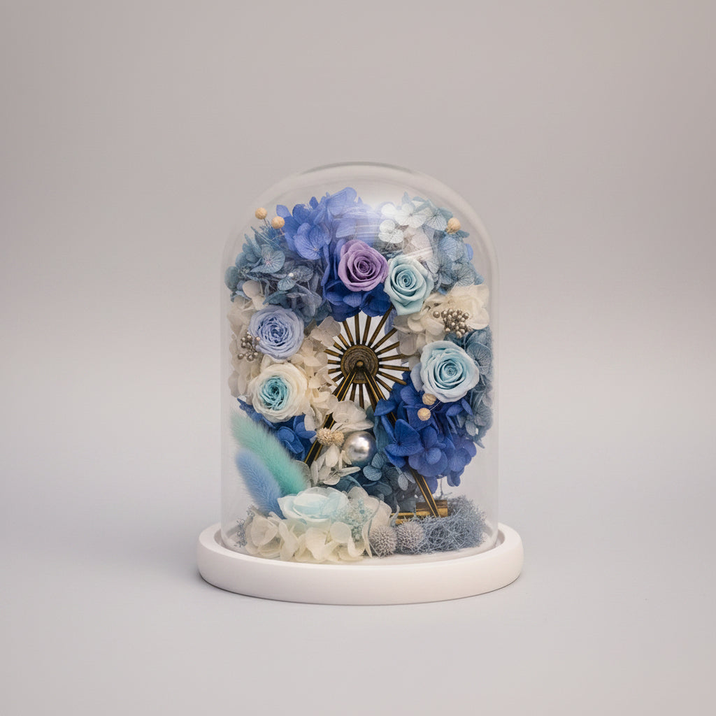 Rose éternelle sous cloche en verre et Hortensia Grande Roue Style 2 | Les Roses De Lola