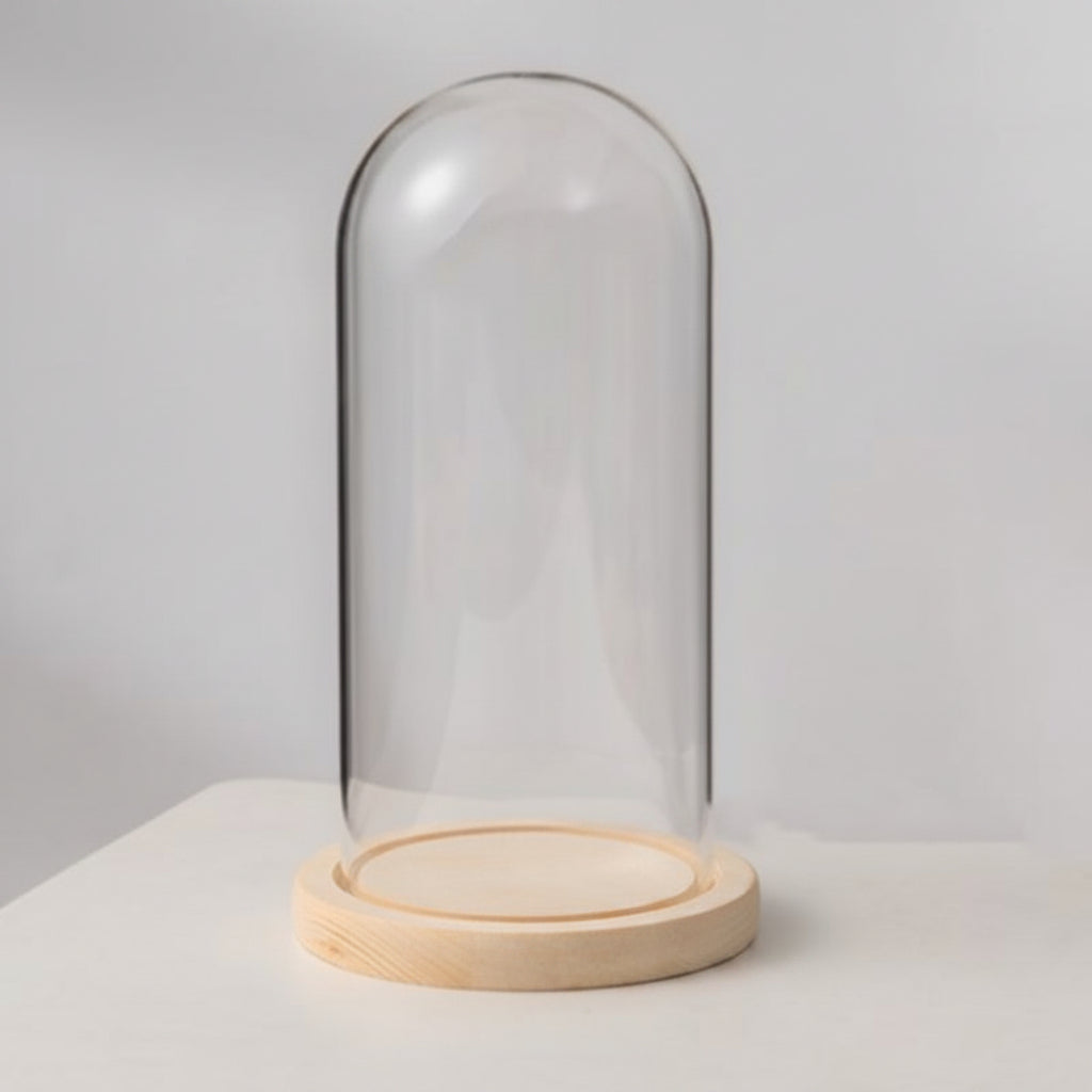Dôme en verre 9x12 cm avec socle bois vieilli – décoration florale élégante