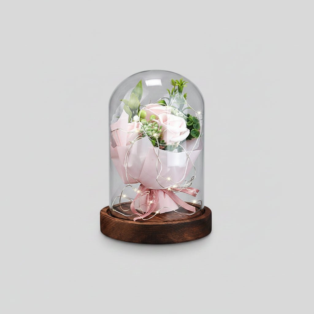 Coffret roses de savon roses sous dôme en verre illuminé LED
