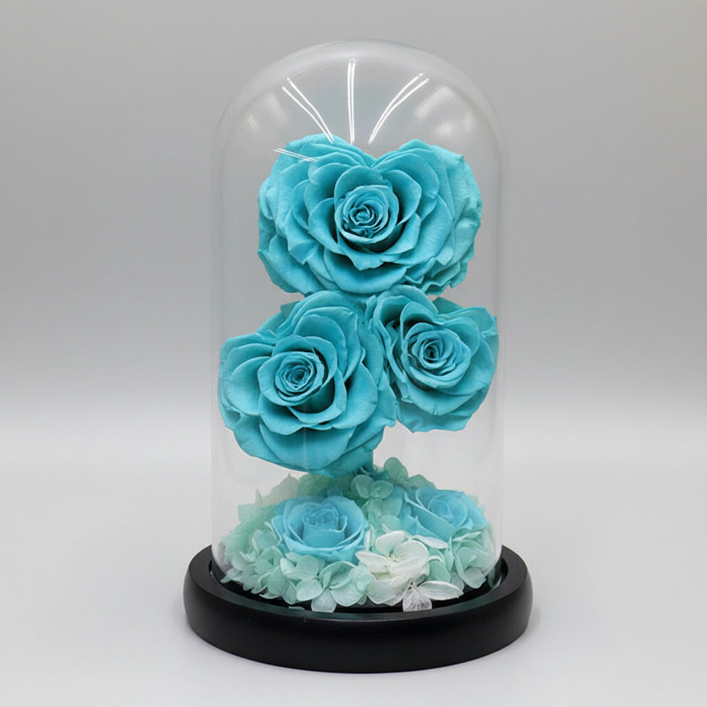 roses éternelles bleu Nepal sur tige sous dôme avec pétales hortensias – Les Roses De Lola