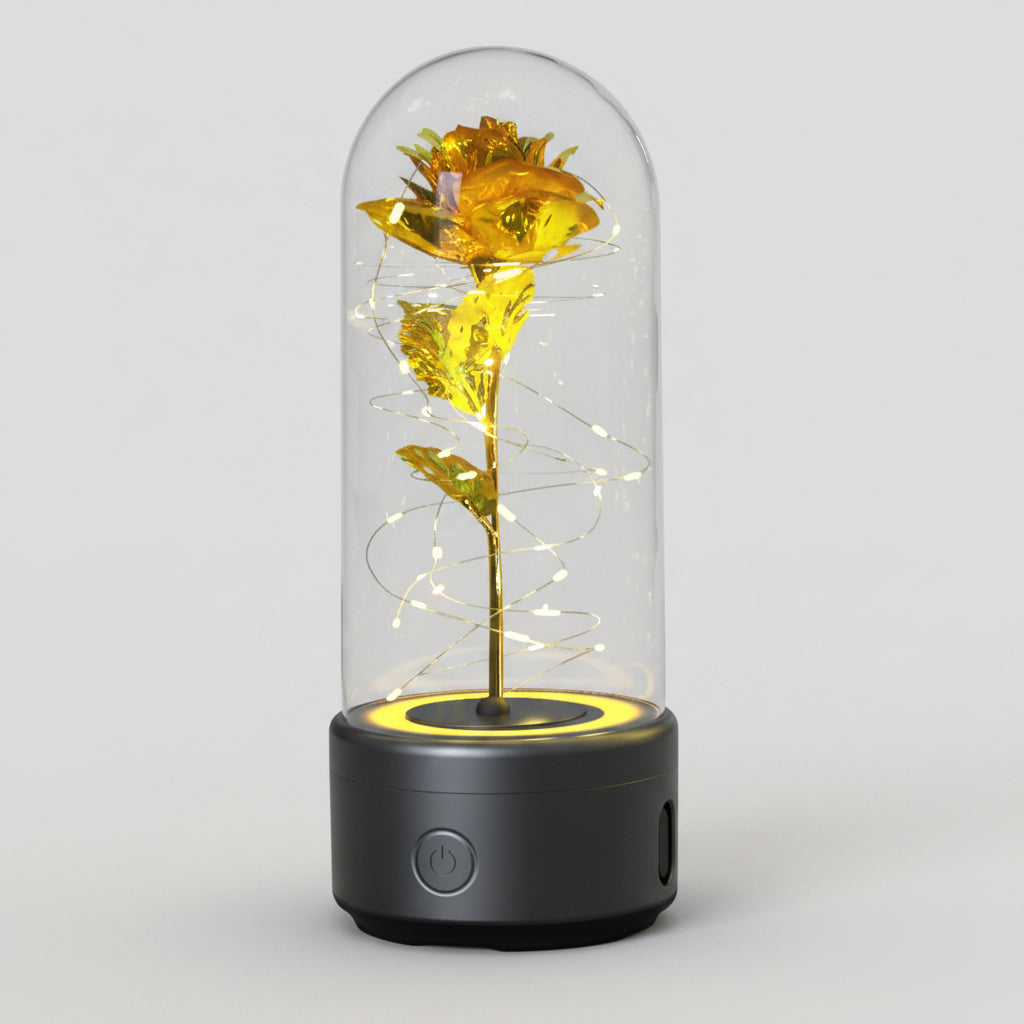 Rose éternelle LED Bluetooth – socle noir fleur dorée – Les Roses De Lola