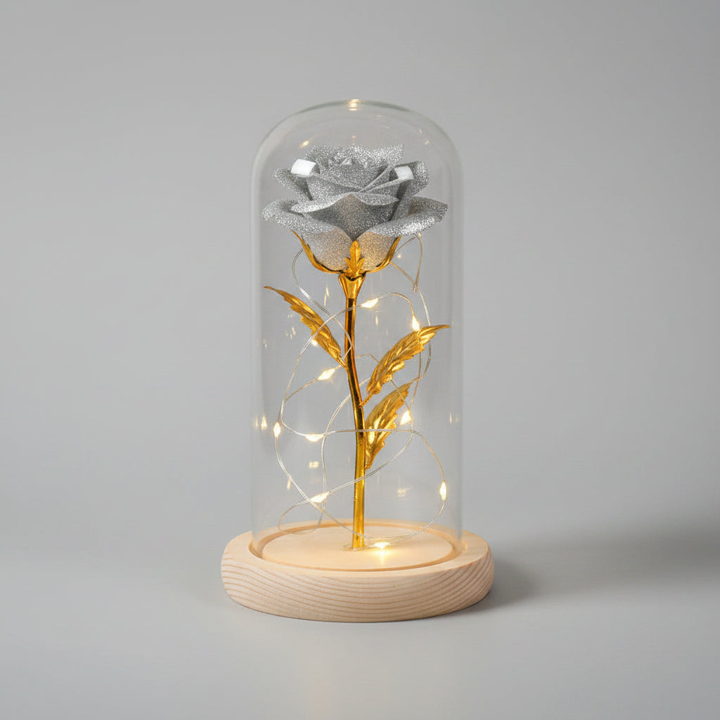 Cloche en verre rose éternelle LED – lumière allumée | Les Roses De Lola