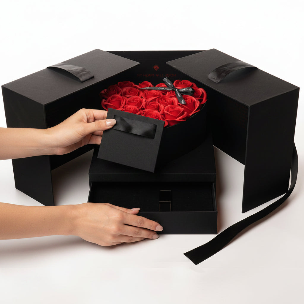 Coffret 18 roses de savon édition luxe – Coffret Noir Roses Rouge | Les Roses De Lola- ensemble complet