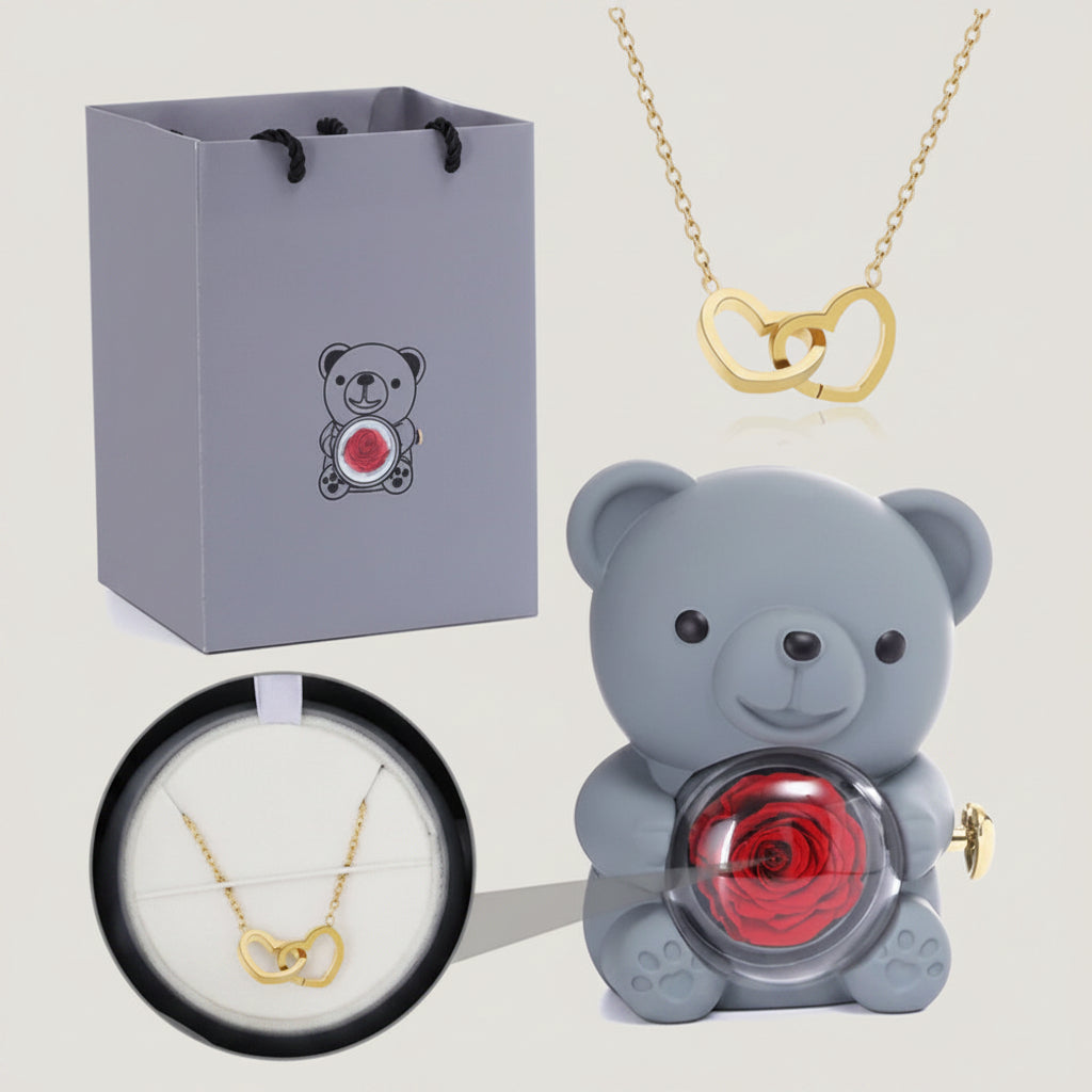 Ours coffret surprise – collier double cœur gravé inclus
