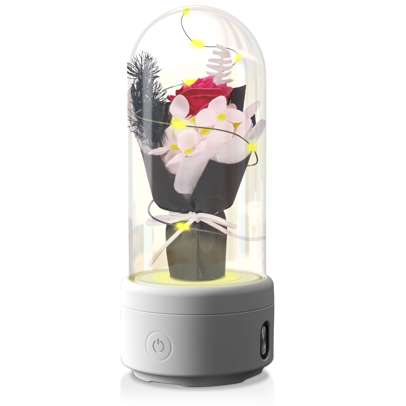 Bouquet lumineux sous dôme en verre enceinte Bluetooth LED – Noir socle Blanc | Les Roses De Lola