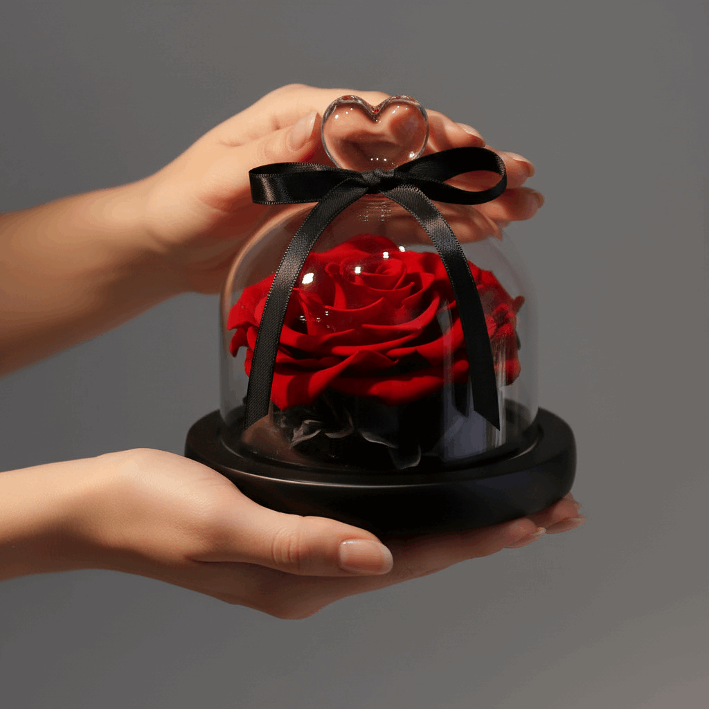 Cloche verre rose éternelle 11x12cm – coloris rouge cadeau Saint-Valentin et présentation
