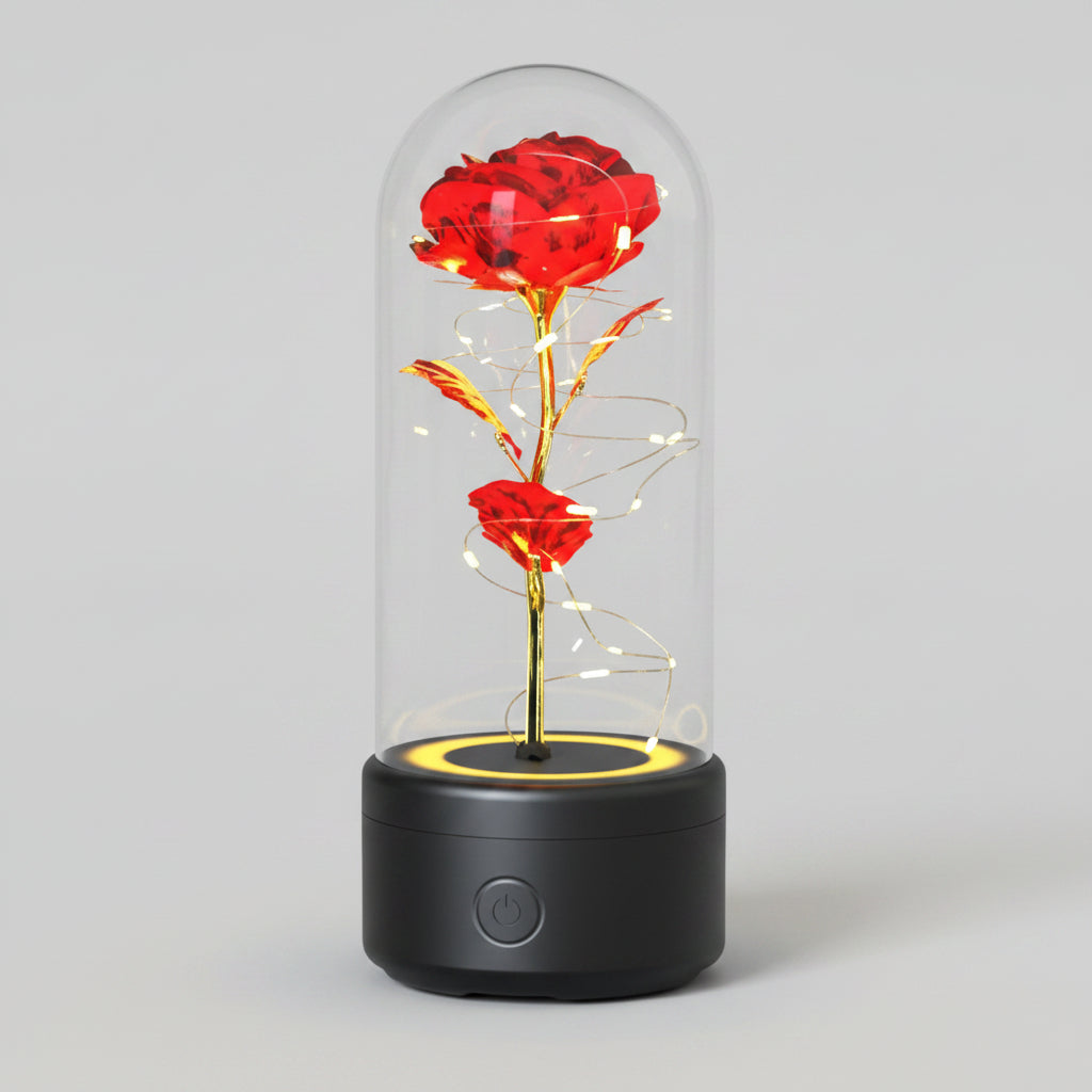 Rose éternelle LED Bluetooth – socle noir fleur rouge – Les Roses De Lola