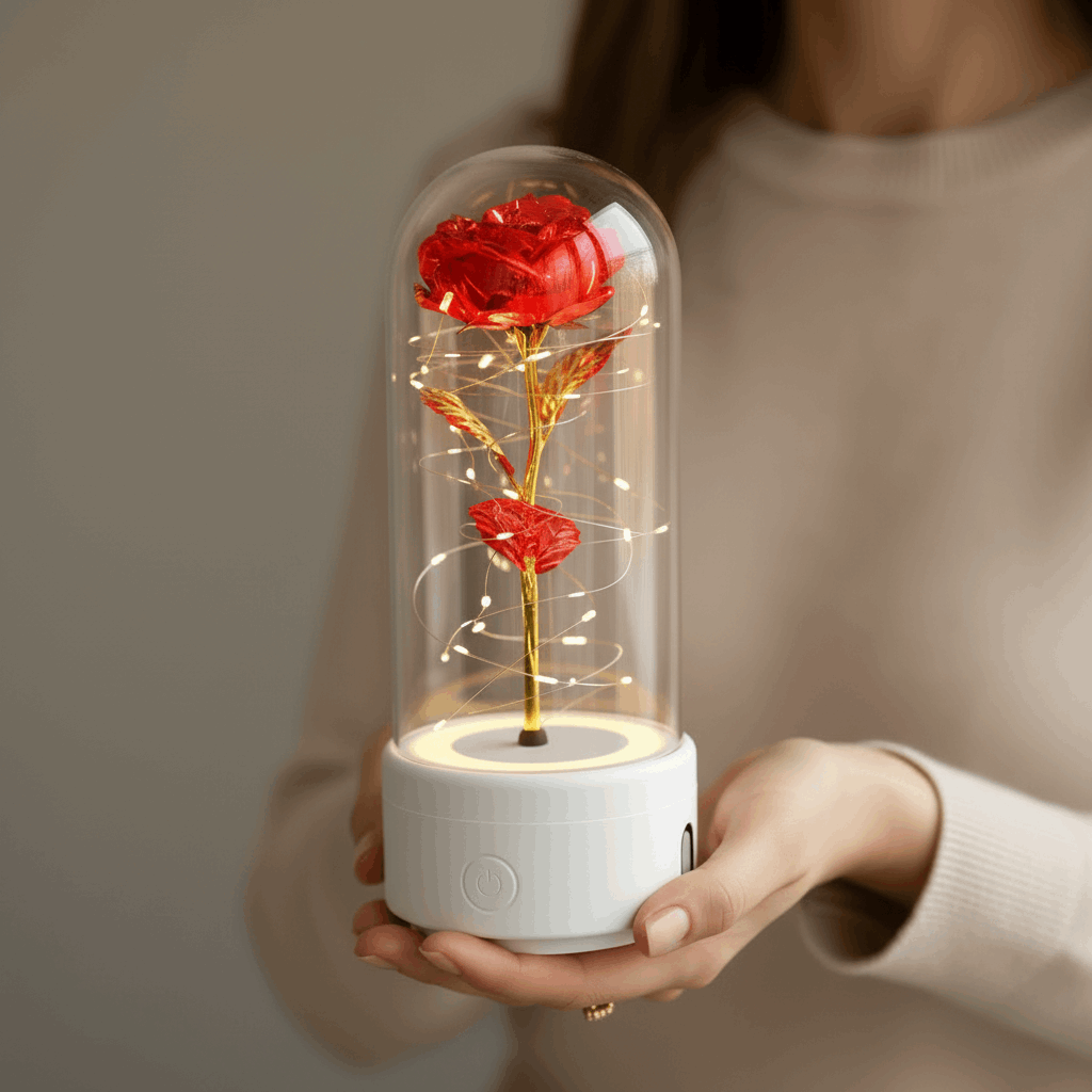 Rose éternelle LED Bluetooth – socle Blanc fleur rouge – Les Roses De Lola-Présentation