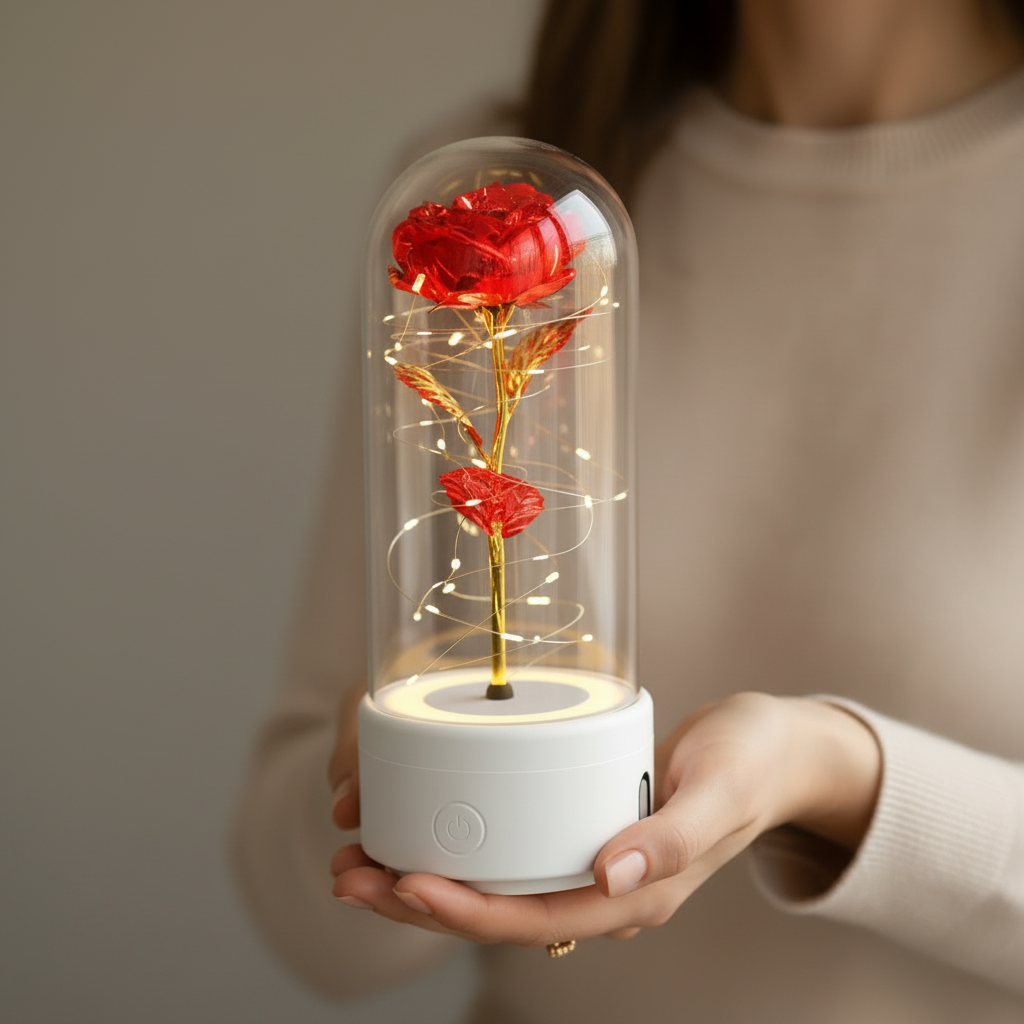 Rose éternelle LED Bluetooth – socle Blanc fleur rouge – Les Roses De Lola-Présentation