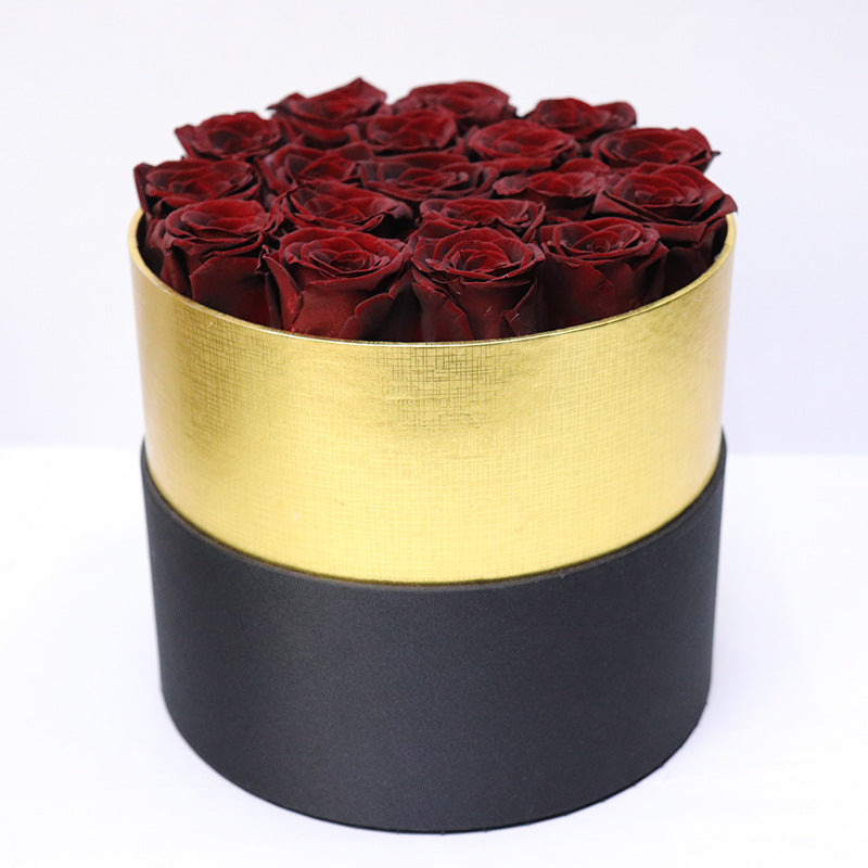 18 roses éternelles en coffret rond – vue de face