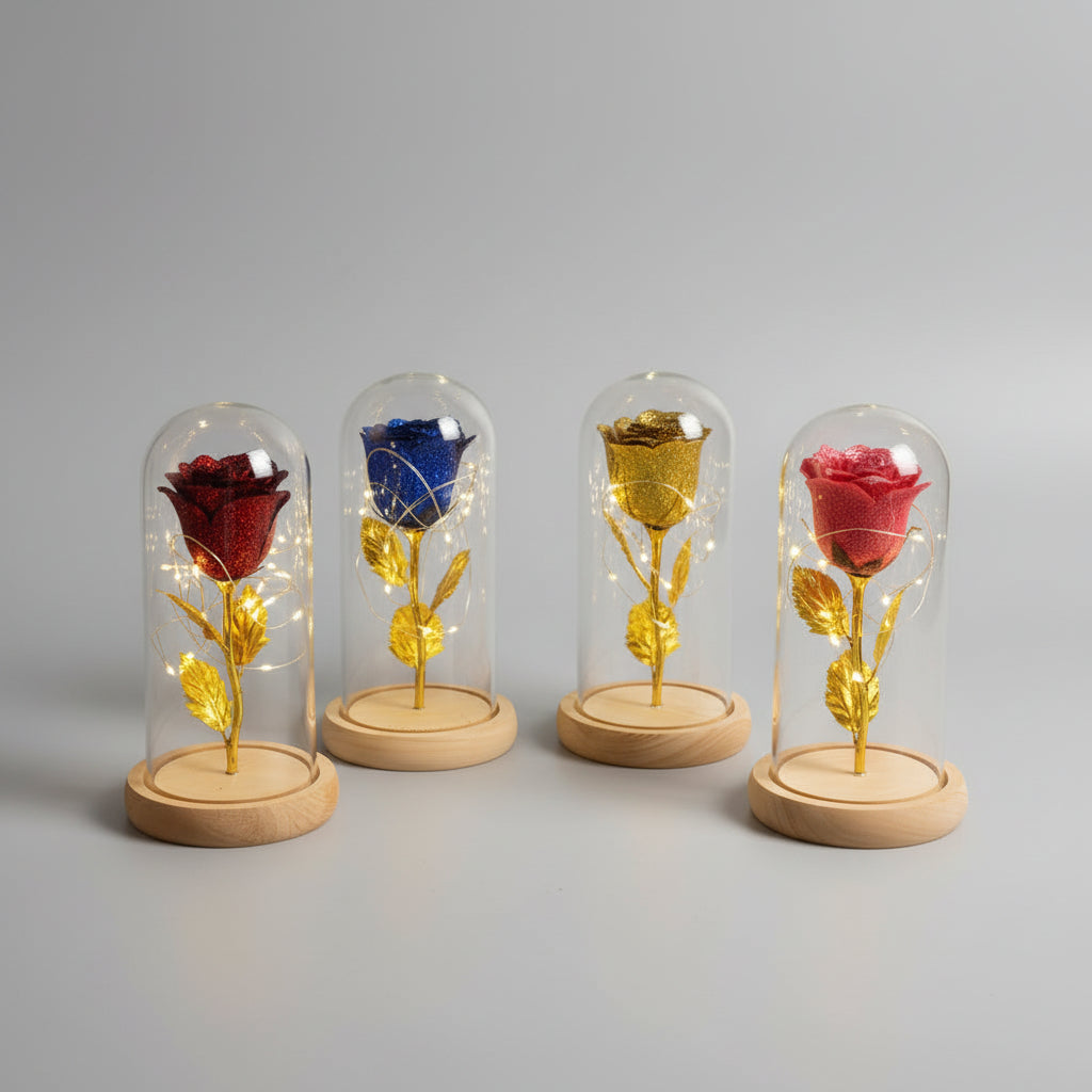 Rose éternelle sous cloche en verre et LED – vue principale | Les Roses De Lola