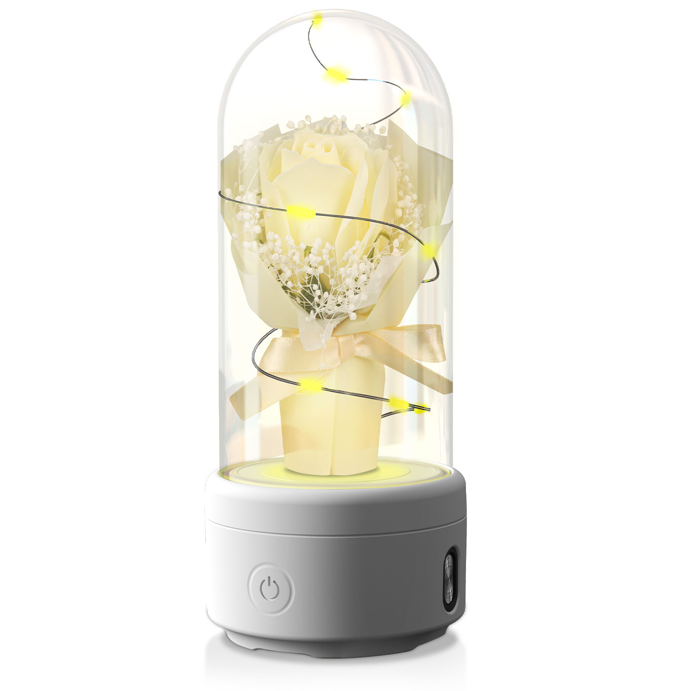 Bouquet lumineux sous dôme en verre enceinte Bluetooth LED – Jaune socle Blanc | Les Roses De Lola