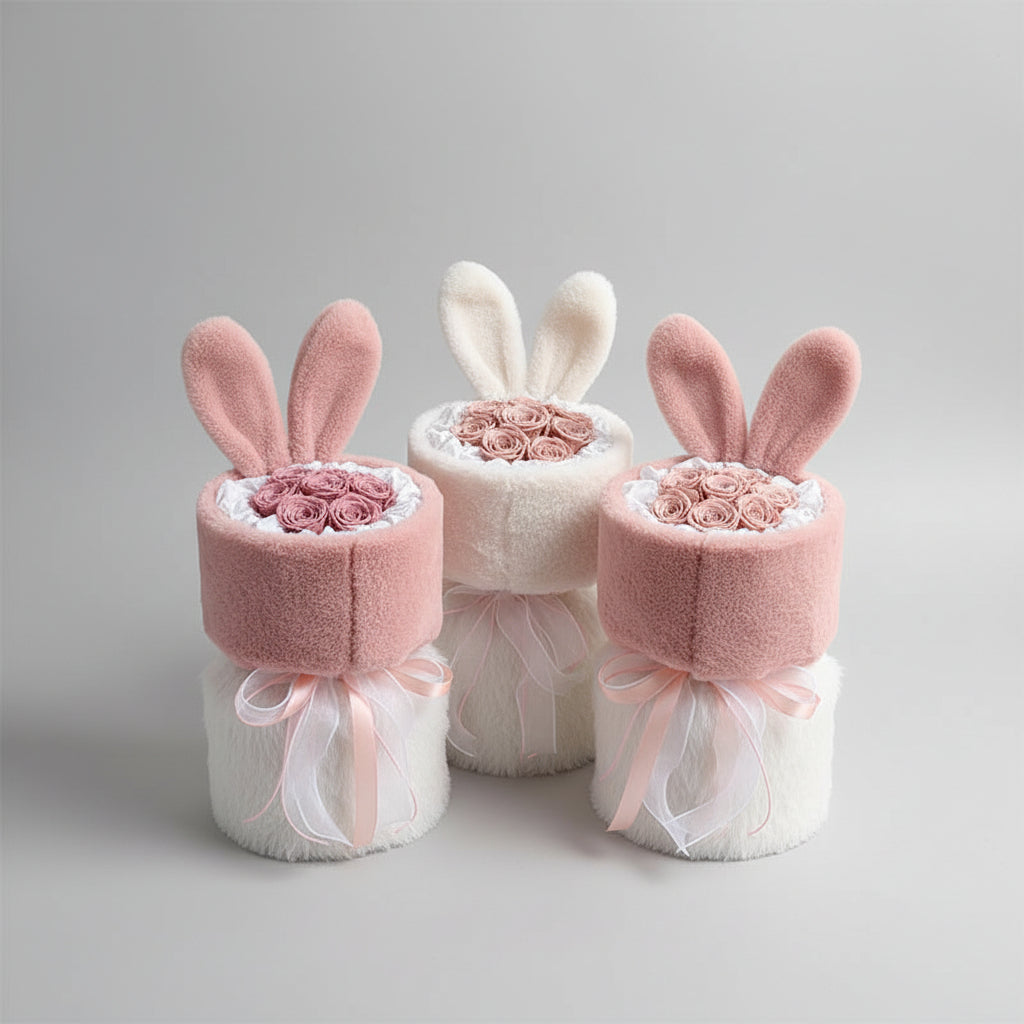 Bouquet fleurs éternelles soie – détail oreilles de lapin délicat
