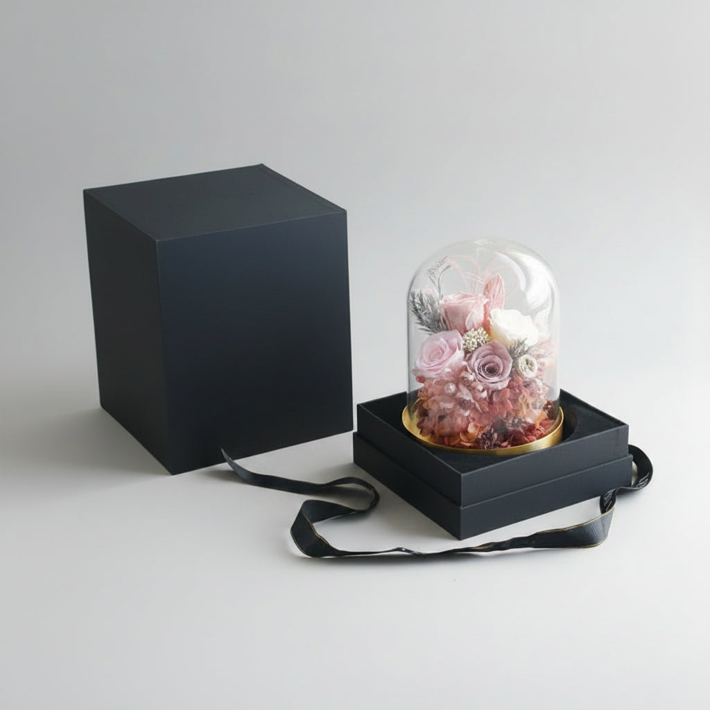  Coffret et Bouquet de 4 roses éternelles roses préservées sous dôme en verre – Les Roses De Lola