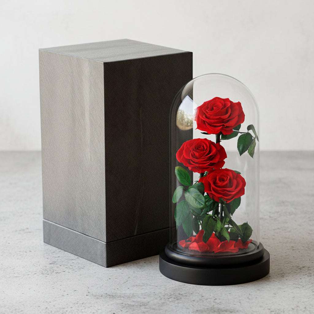 3 roses éternelles sous cloche en verre cadeau prestige – vue principale | Les Roses De Lola