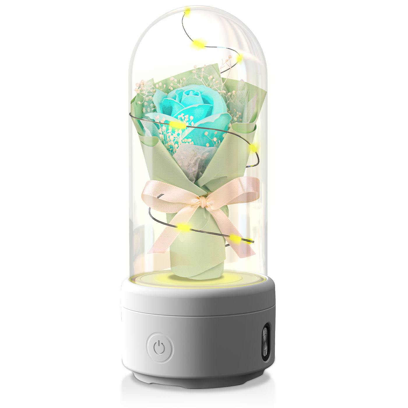 Bouquet lumineux sous dôme en verre enceinte Bluetooth LED – Vert socle Blanc | Les Roses De Lola