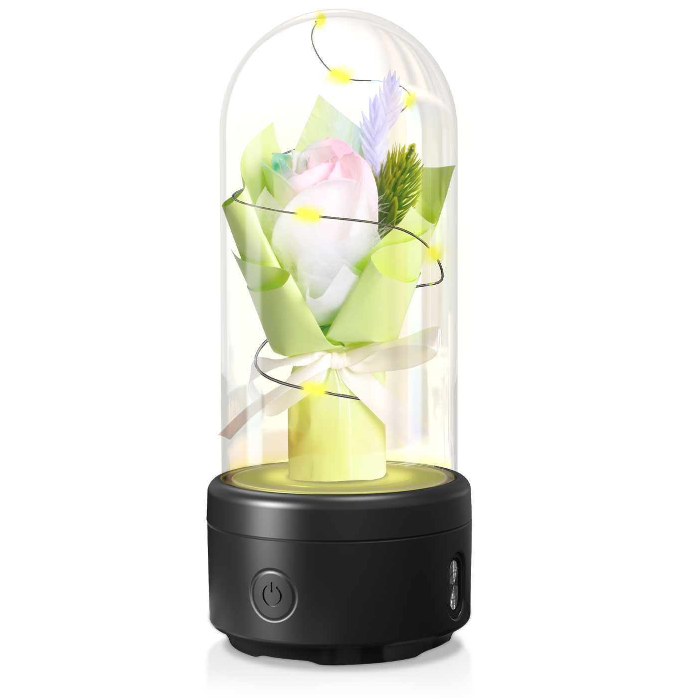 Bouquet lumineux sous dôme en verre enceinte Bluetooth LED – Anis socle Noir | Les Roses De Lola