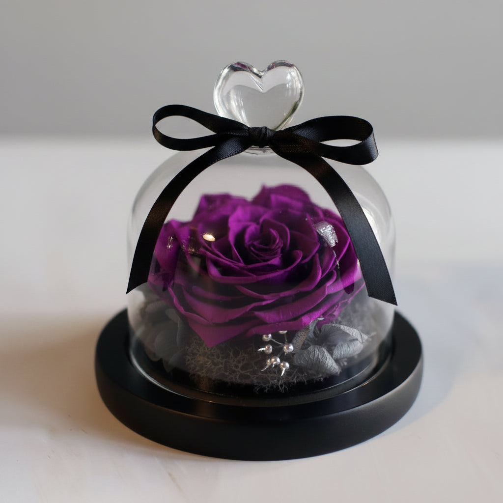Rose éternelle cloche verre – coloris violet élégant