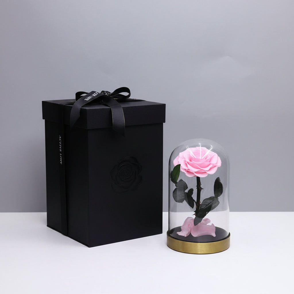 Rose éternelle grand format sous cloche en verre socle métal – coloris Rose | Les Roses De Lola