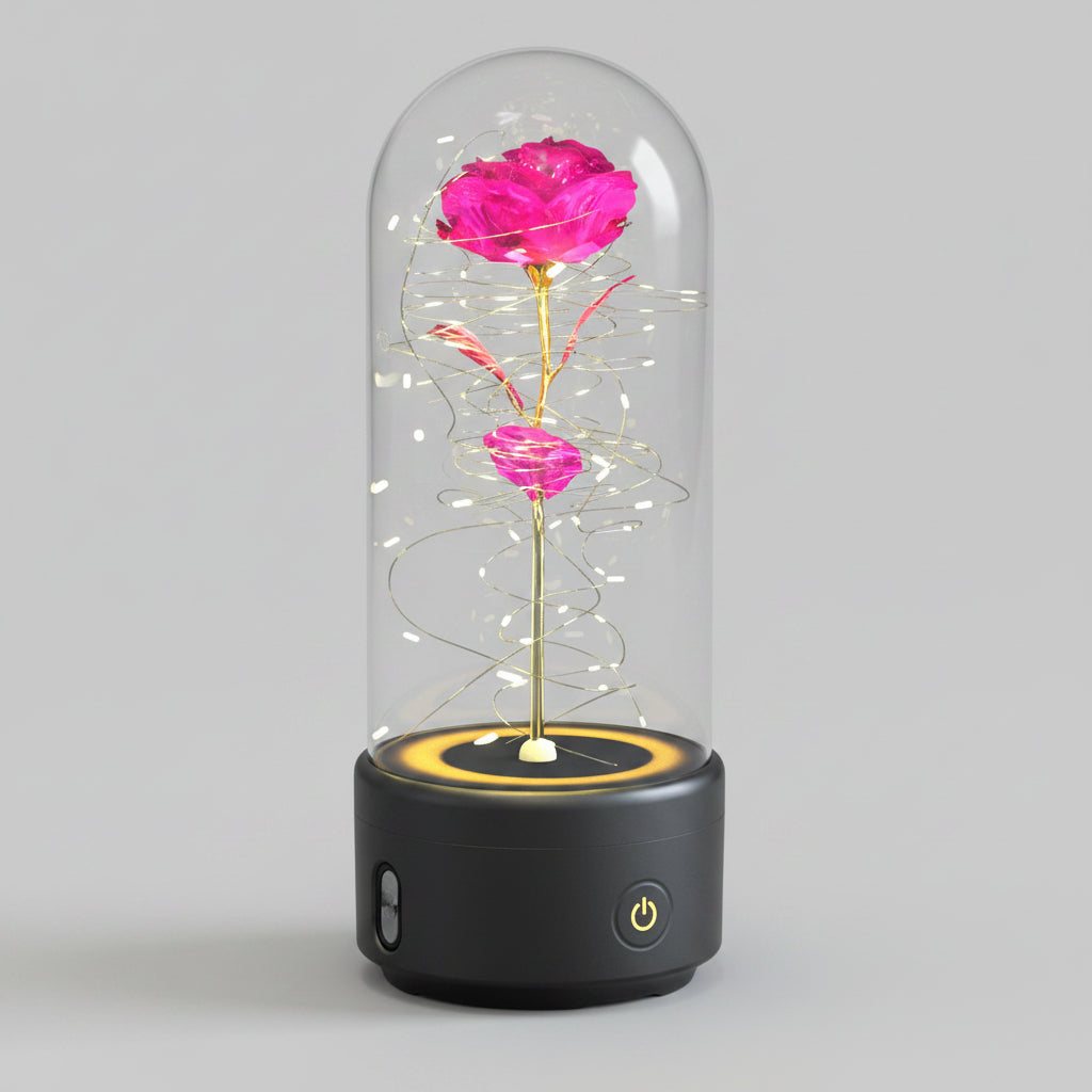 Rose éternelle LED Bluetooth – socle noir fleur rose – Les Roses De Lola