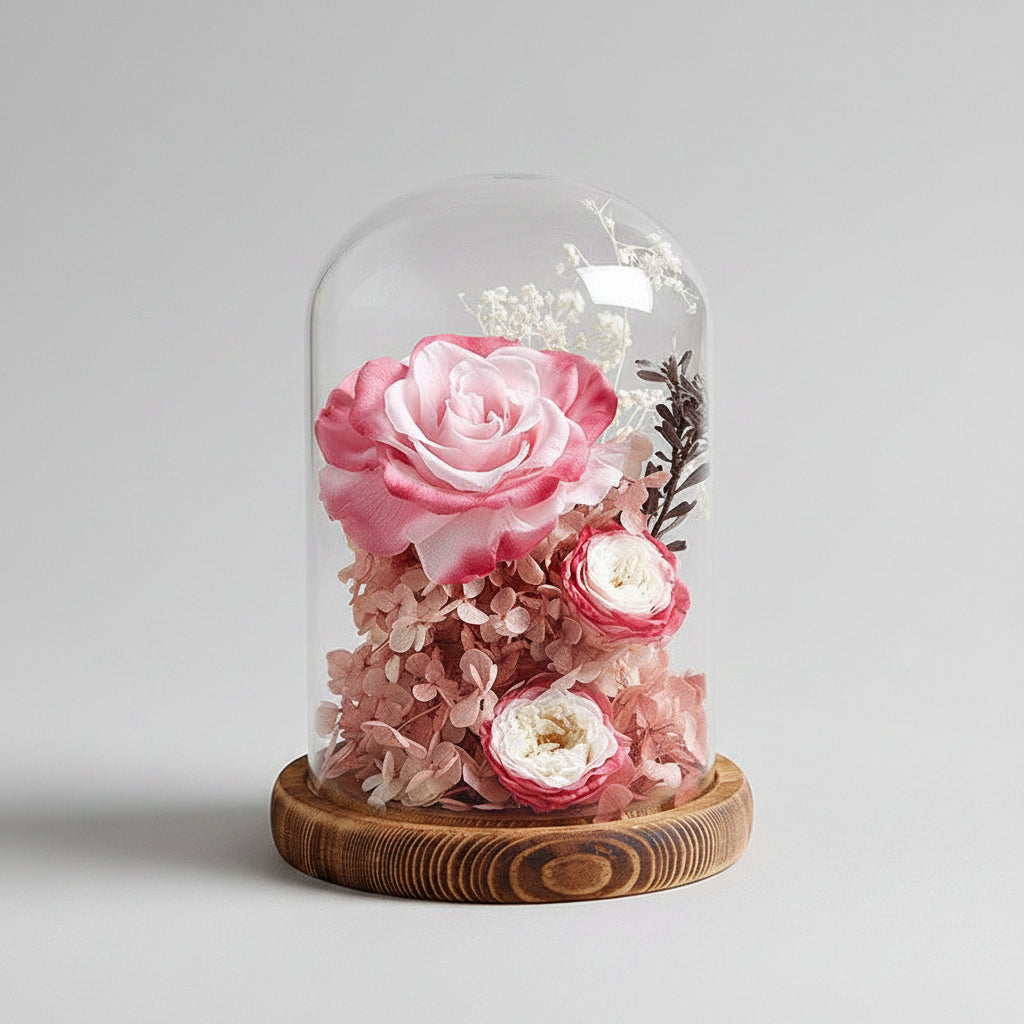 Rose éternelle Gargantua sous cloche en verre – coloris Rose intense & Blanc | Les Roses De Lola