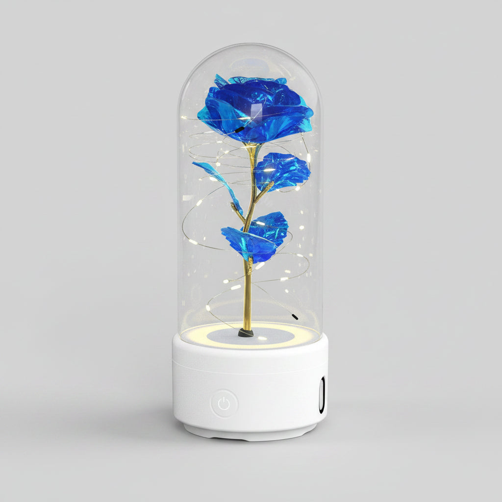 Rose éternelle LED Bluetooth – socle blanc fleur bleue – Les Roses De Lola