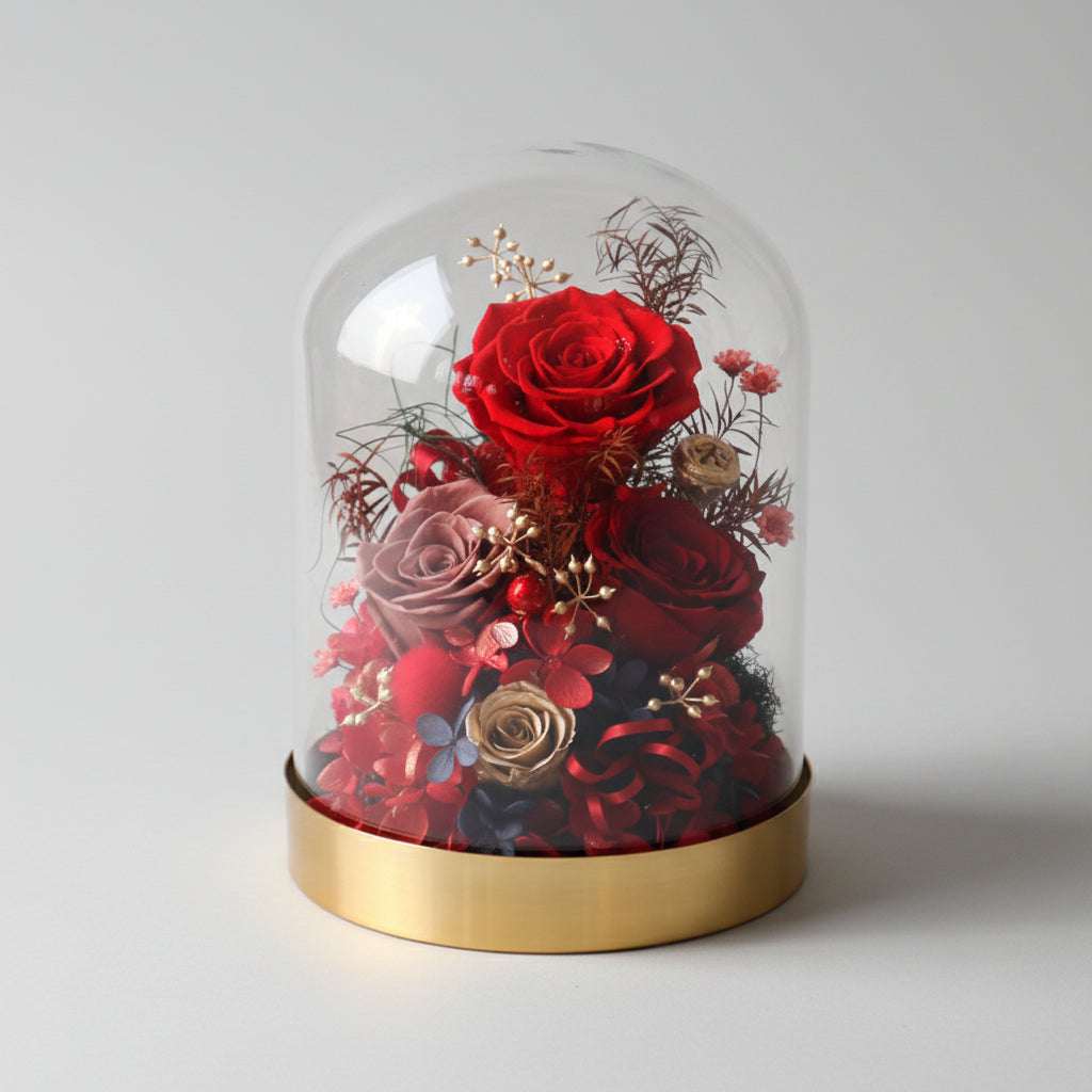 Bouquet de 4 roses éternelles rouges préservées sous dôme en verre – Les Roses De Lola