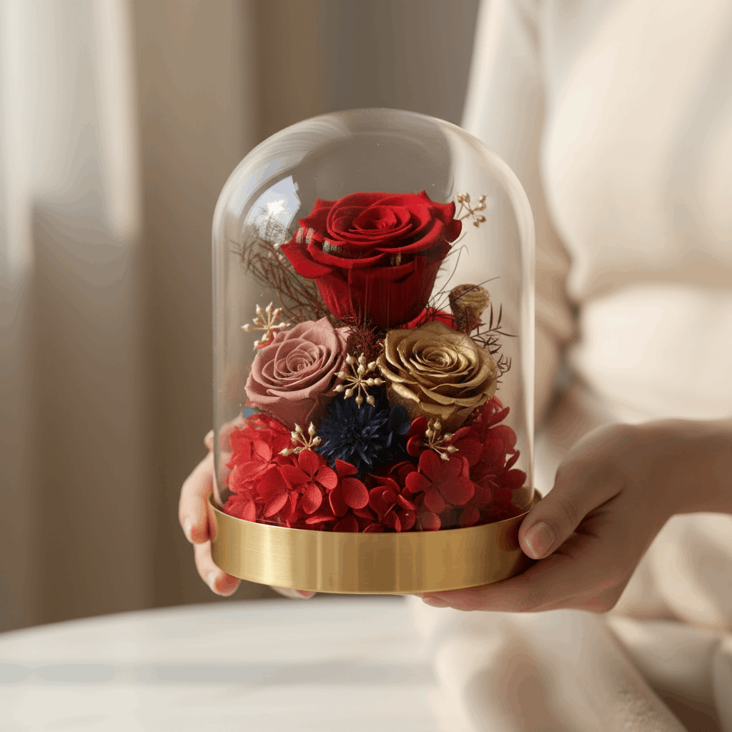 Bouquet de 4 roses éternelles rouges préservées sous dôme en verre – Les Roses De Lola-Pret a offrir
