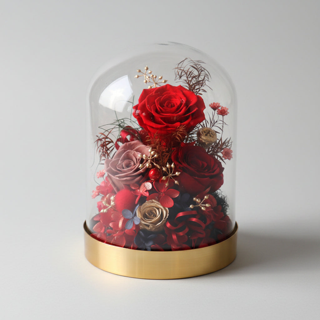 Bouquet de 4 roses éternelles rouges préservées sous dôme en verre – Les Roses De Lola