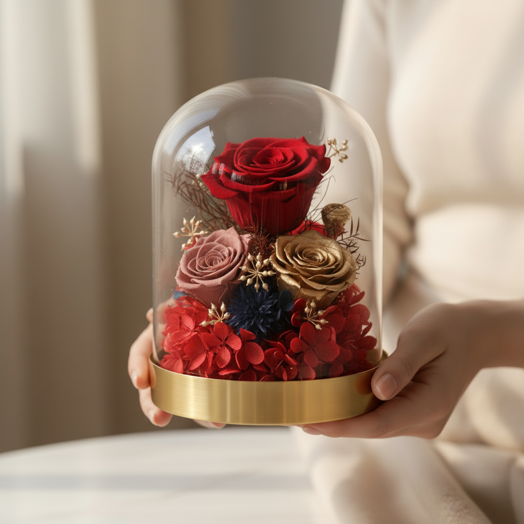 Bouquet de 4 roses éternelles rouges préservées sous dôme en verre – Les Roses De Lola-Pret a offrir