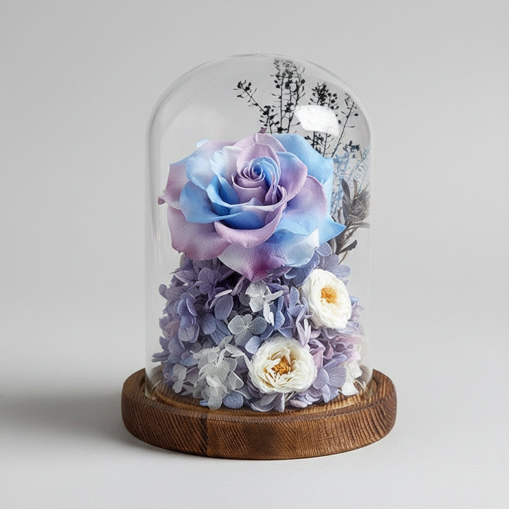 Rose éternelle Gargantua sous cloche en verre – coloris Violet bleu | Les Roses De Lola