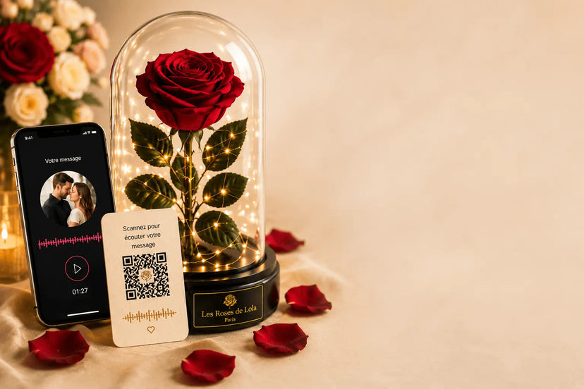 Rose éternelle personnalisée avec QR code et message vocal sous dôme lumineux