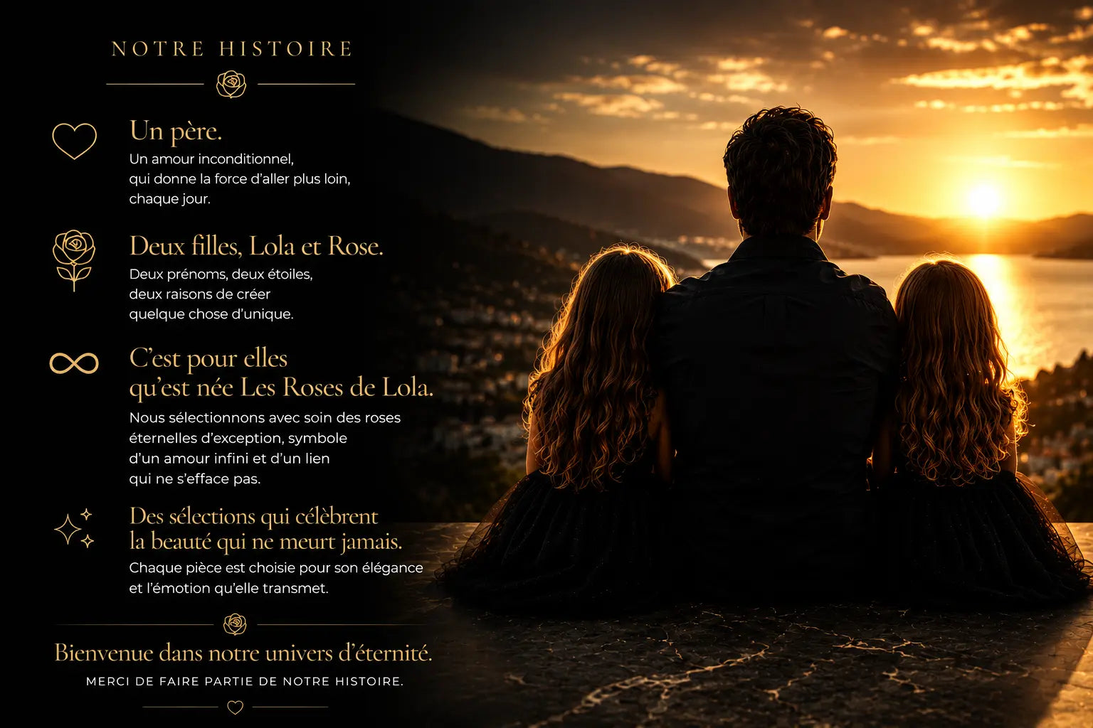 Un père et ses deux filles contemplant un coucher de soleil doré, symbole d'un amour éternel et des souvenirs qui traversent le temps.