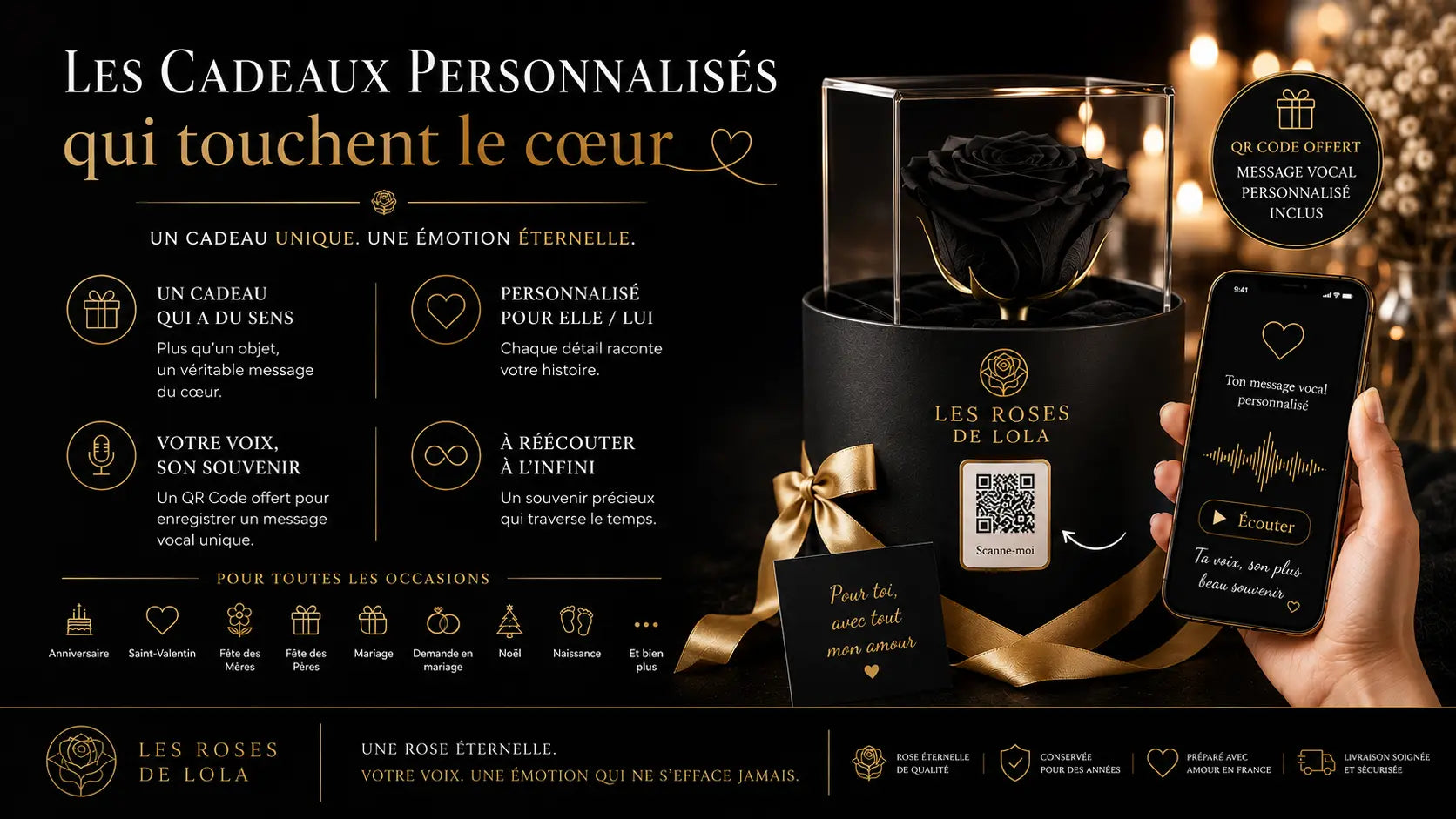 Coffret Le Souvenir Connecté de Les Roses de Lola : écrin noir et or avec QR code et message vocal inclus