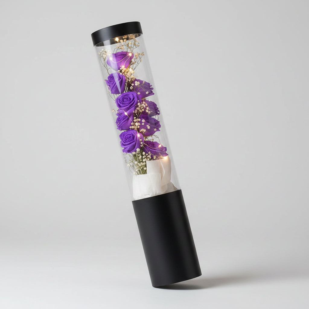 Bouquet de roses de savon violet fait main avec guirlande de LEDs 