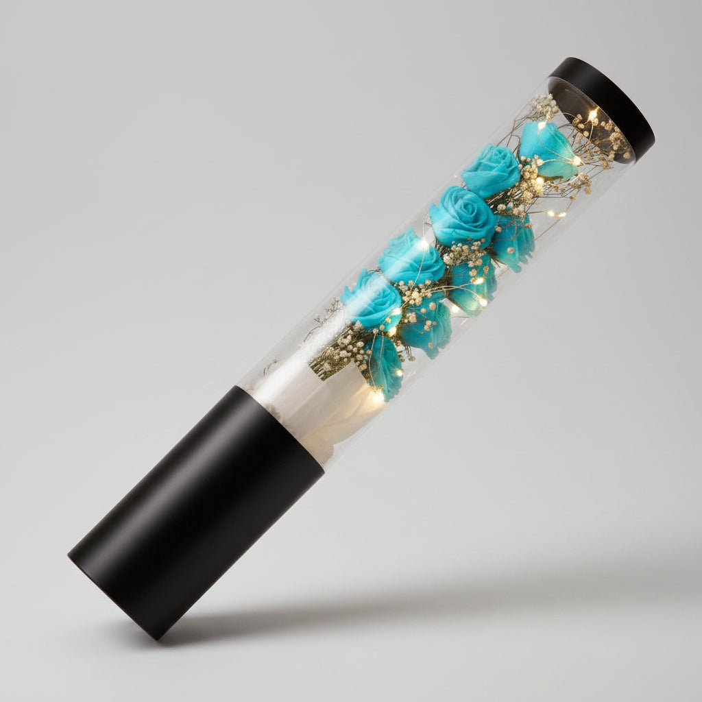 Bouquet de roses de savon bleu fait main avec guirlande de LEDs 