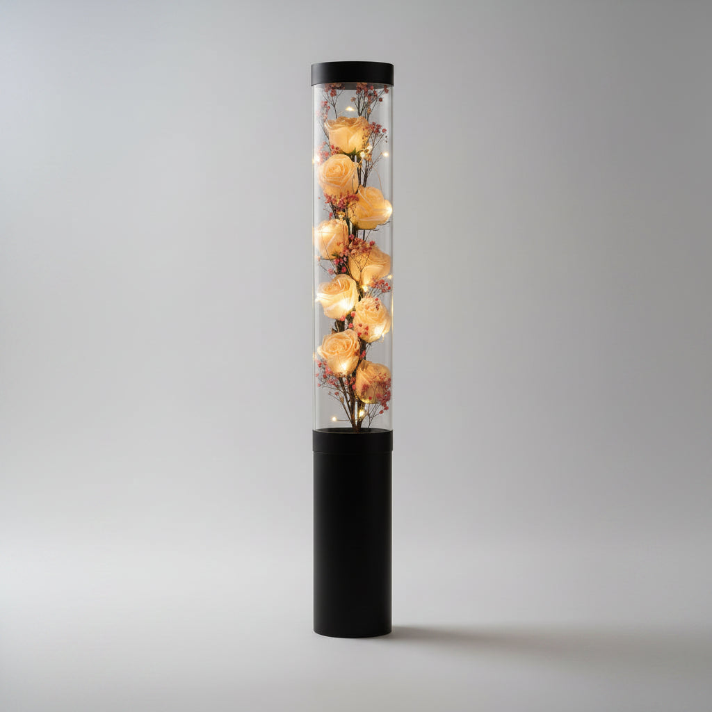 Bouquet de roses de savon champagne fait main avec guirlande de LEDs 