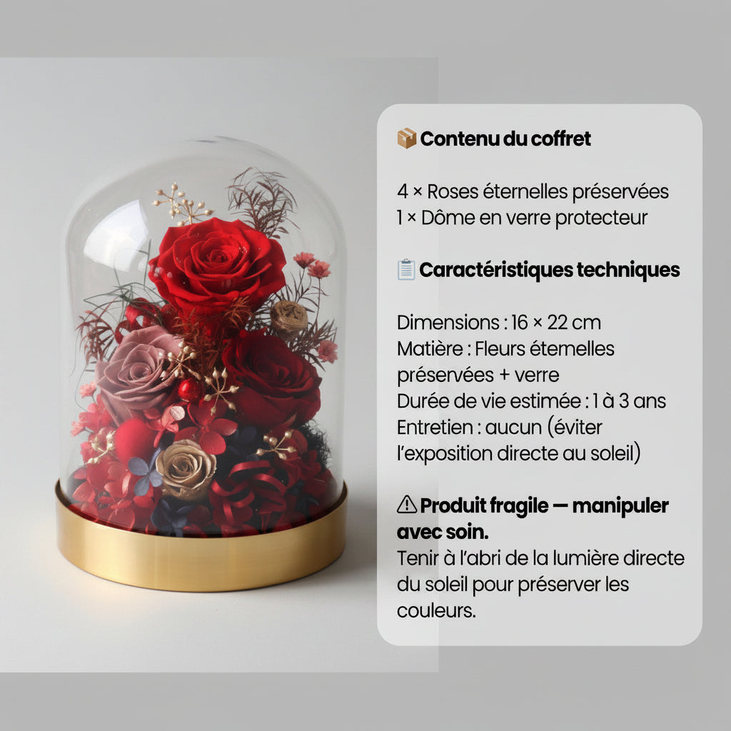 Bouquet de 4 Roses Éternelles sous Dôme – Les Roses De Lola
