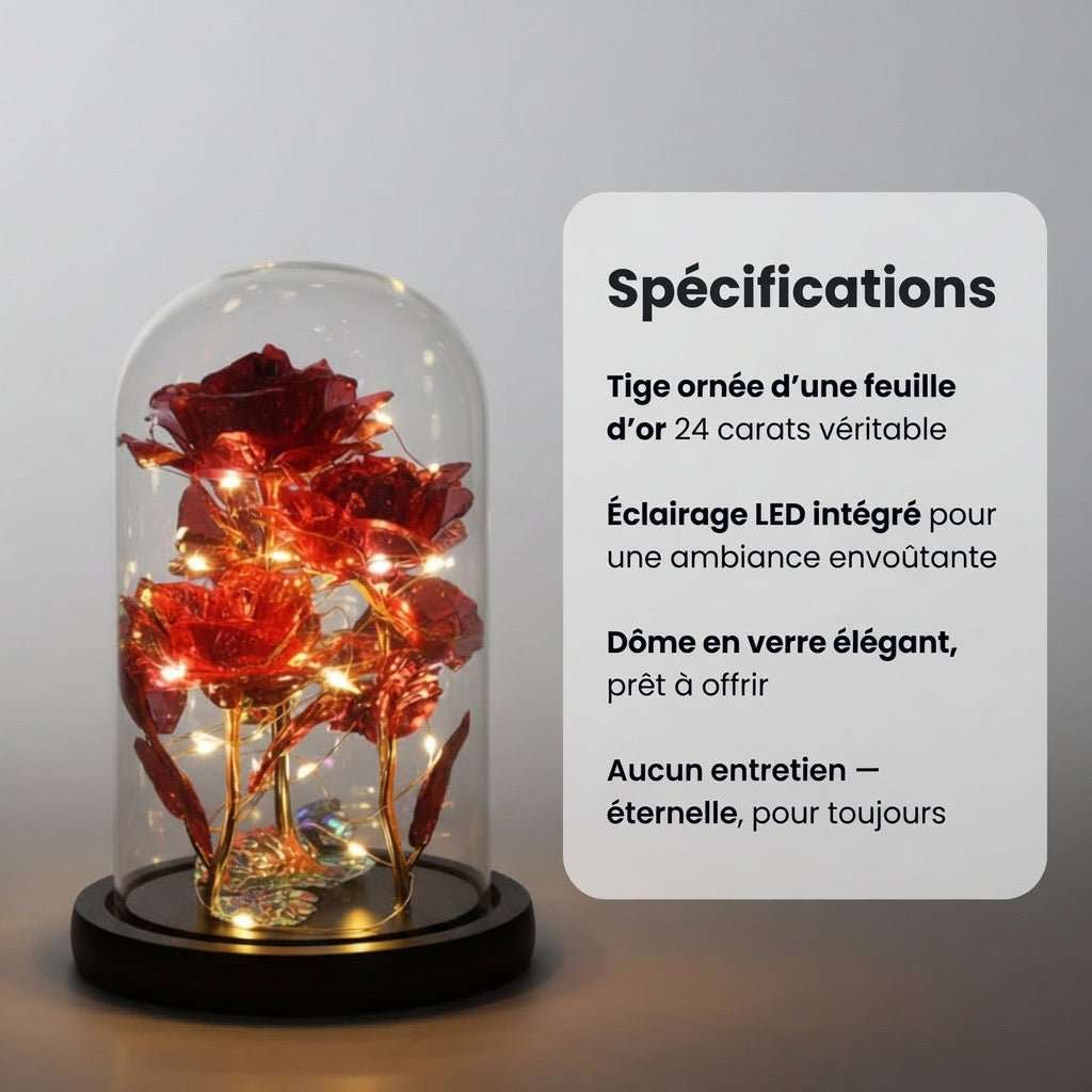 La Rose Dorée Éternelle 24k sous Dôme Lumineux – L'Or & l'Amour Pour Toujours